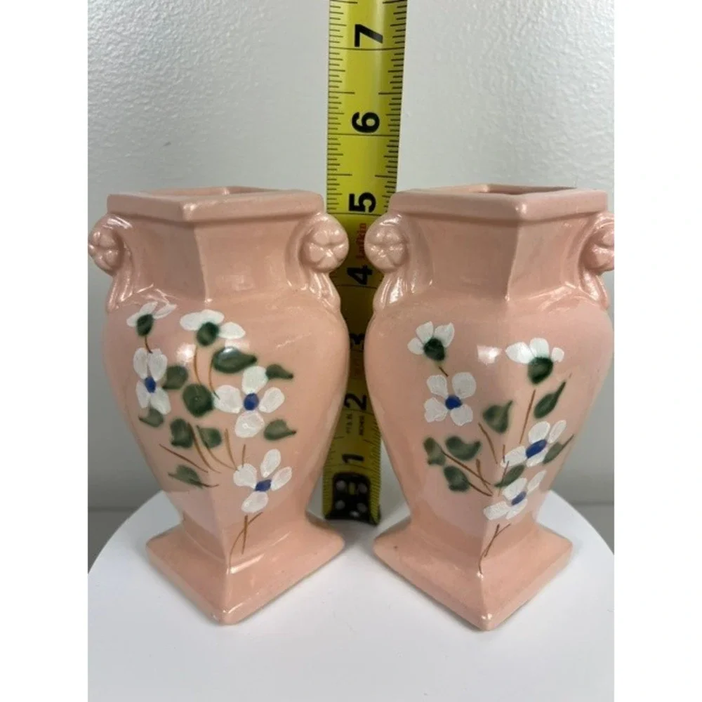 Vintage RRP Co Roseville Ohio Pink Dogwood Floral Miniature Urn Vases Set of 2
